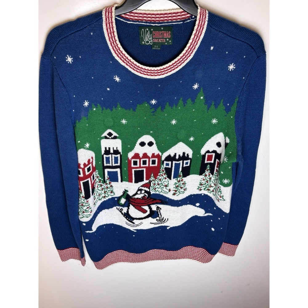 Ugly Christmas Sweater Women's Large Blue White Snowflakes Drunk Penguin Skating